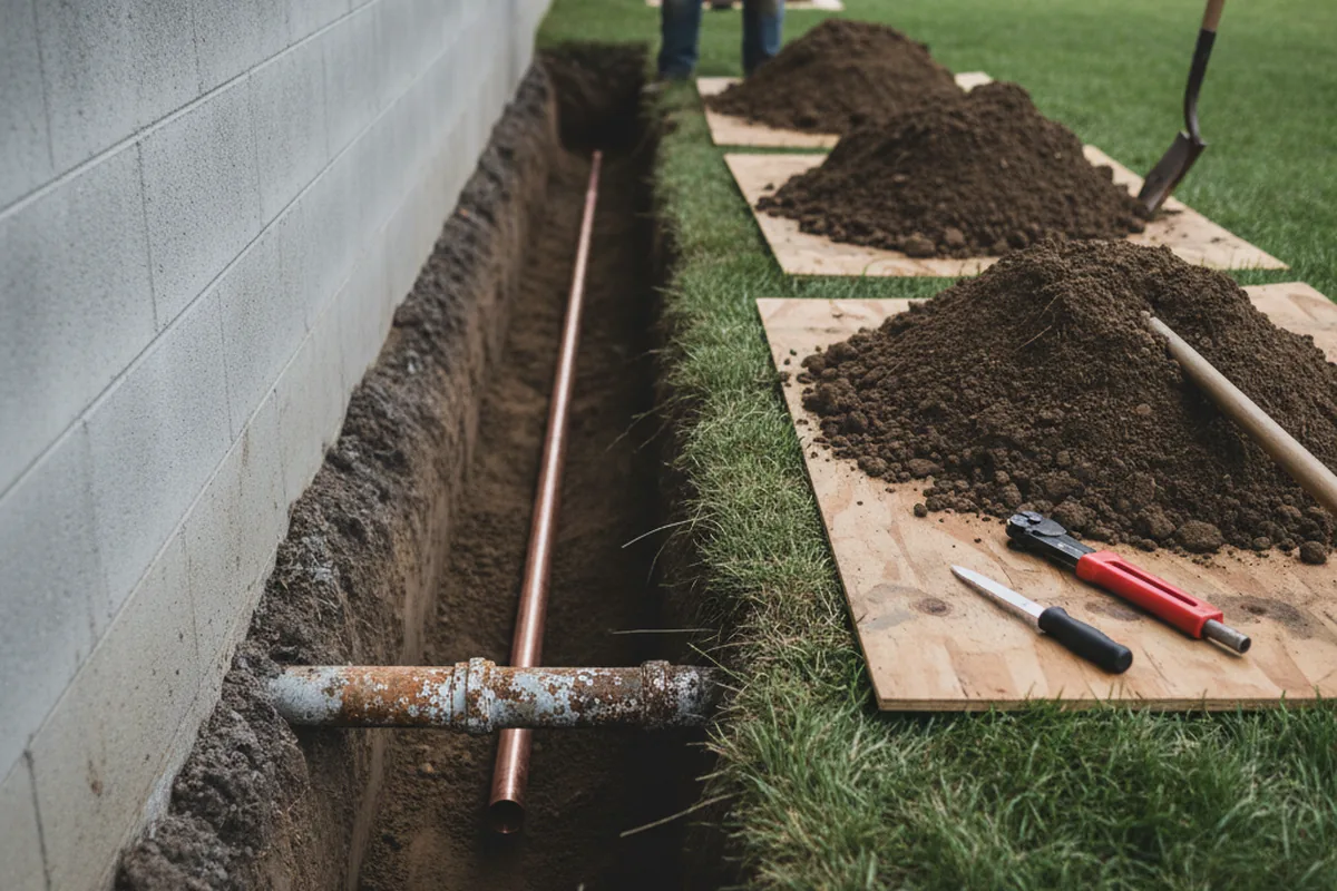 Excavated water line trench during Sewer Line Repair in Fiddletown